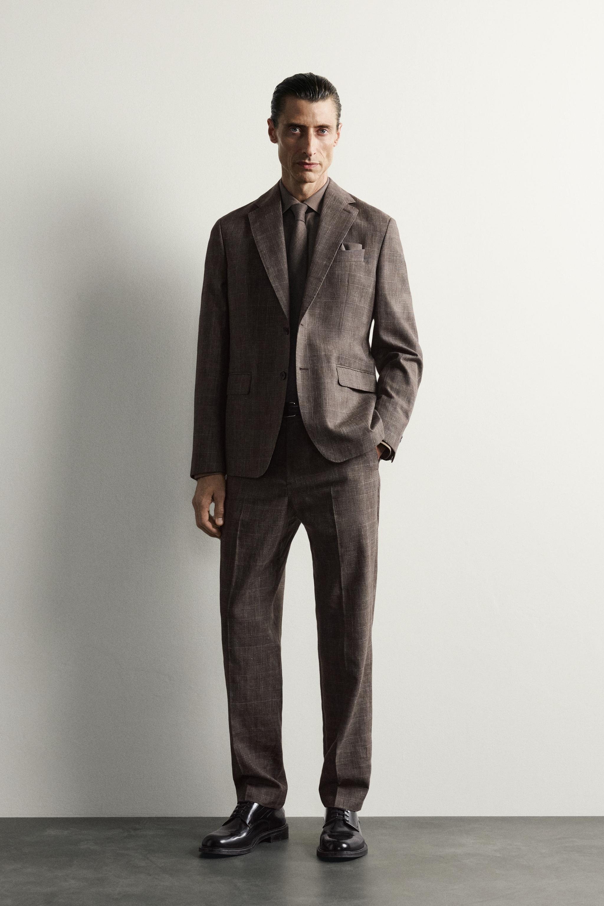 LINEN AND WOOL CHECK SUIT PANTS